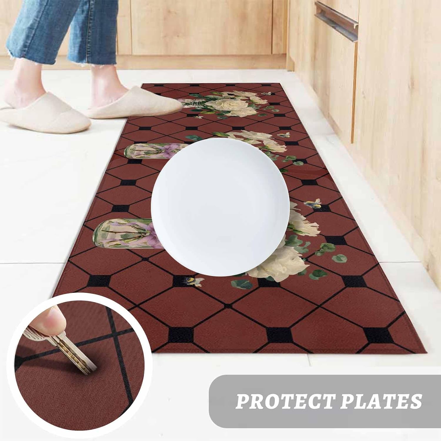 Teamery Kitchen Mats for Floor White Rose Green Leaf Bee Washable Non Slip Kitchen Rugs 1PCS, Rustic Plaid Background Absorbent Standing Mats for Sink Bathroom Office Living Room 23.6x70.9in