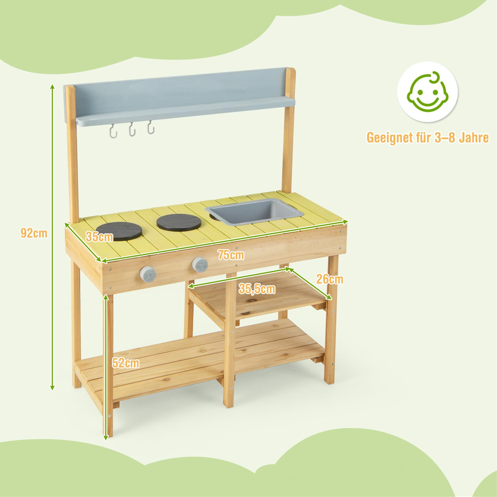 DREAMADE Matschküche für Kinder, Spielküche Outdoor mit 2 Herdplatten, abnehmbarem Spülbecken, Regalen & Haken, kreatives Küchenspielzeug für Kinder ab 3 Jahren, für Hof, Garten