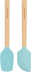 KitchenAid Bamboo Wood Handled Mini Spatula Set with Silicone Head, Set Of 2, Aqua Sky