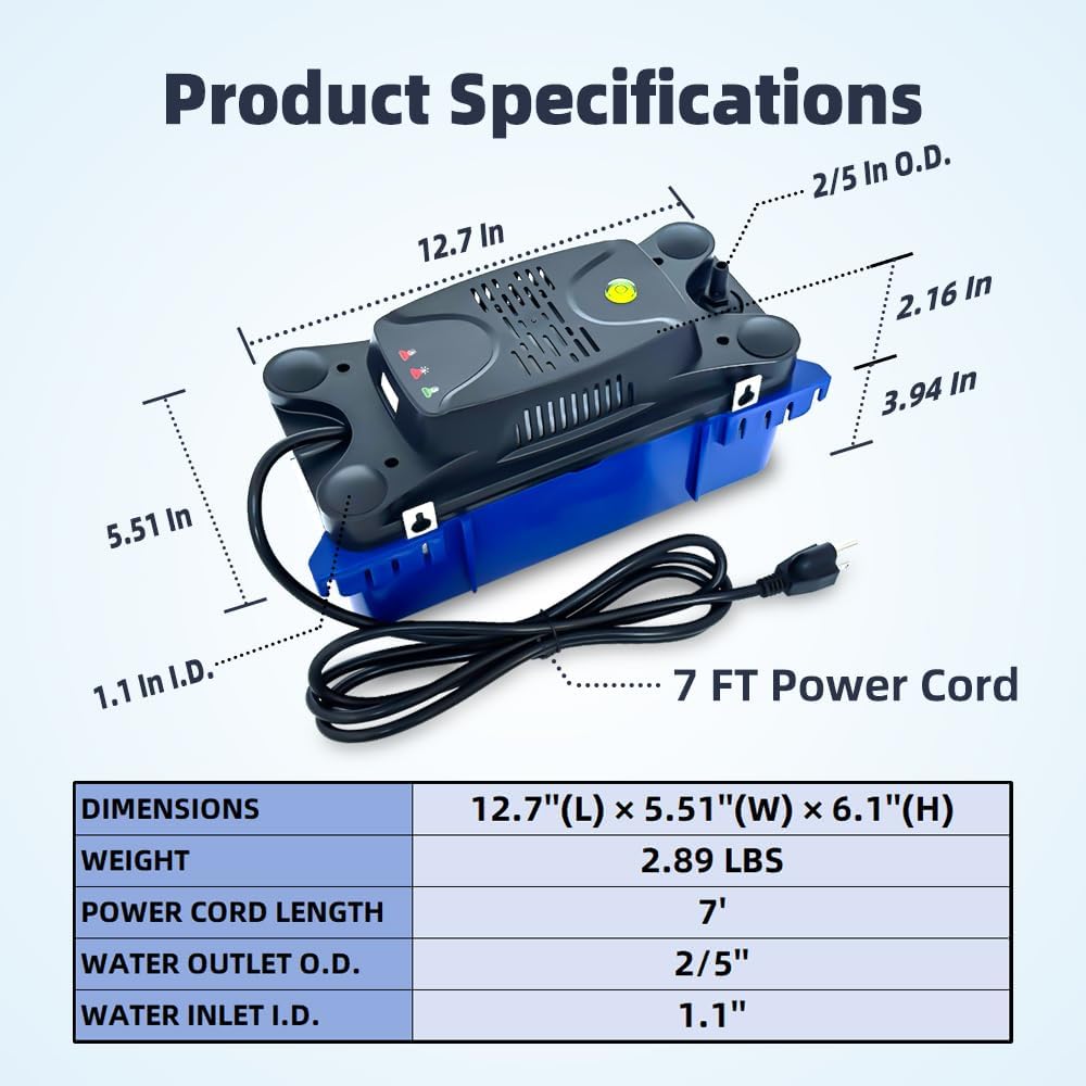 1/30 HP 132 GPH 20 FT HVAC Condensate Pump with 20 FT Tubing, 115V/230V w/Automatic Safety Switch, Removal Drain Pump for Air Conditioner, Dehumidifier, Ice Maker, Furnace, Boiler