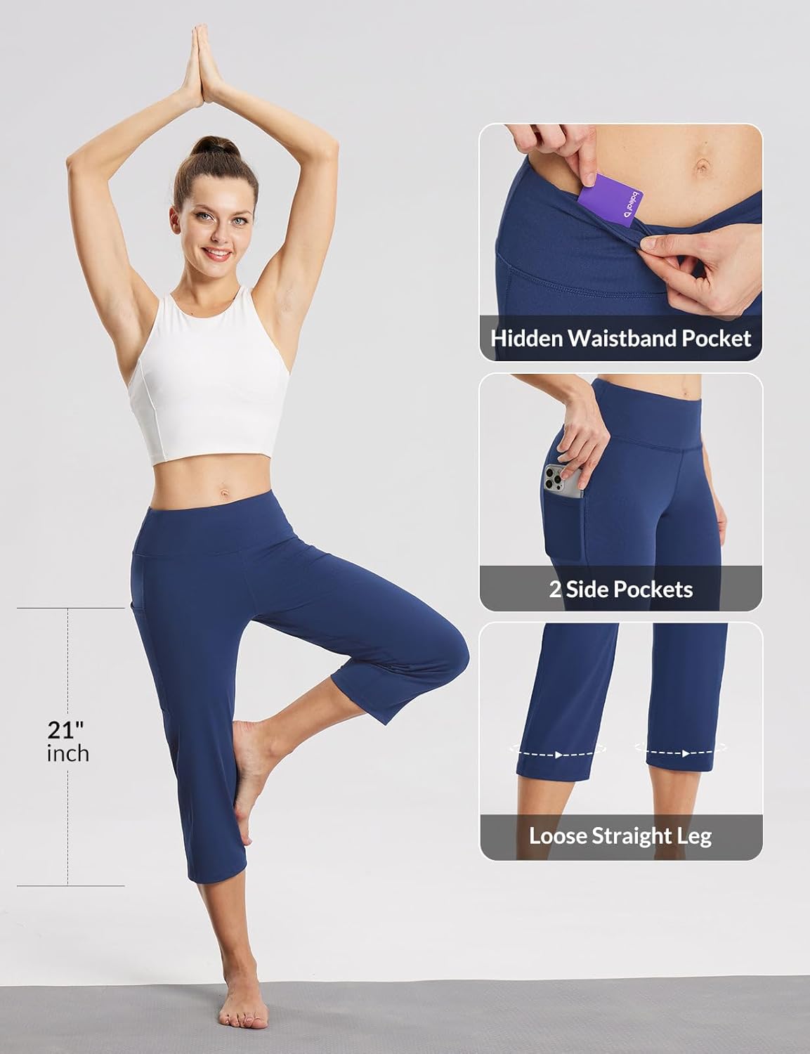 baleaf Womens Yoga Capri Pants High Waist Capri Leggings with Pockets Wide Leg Crop Exercise Workout Summer Pants - Image 4