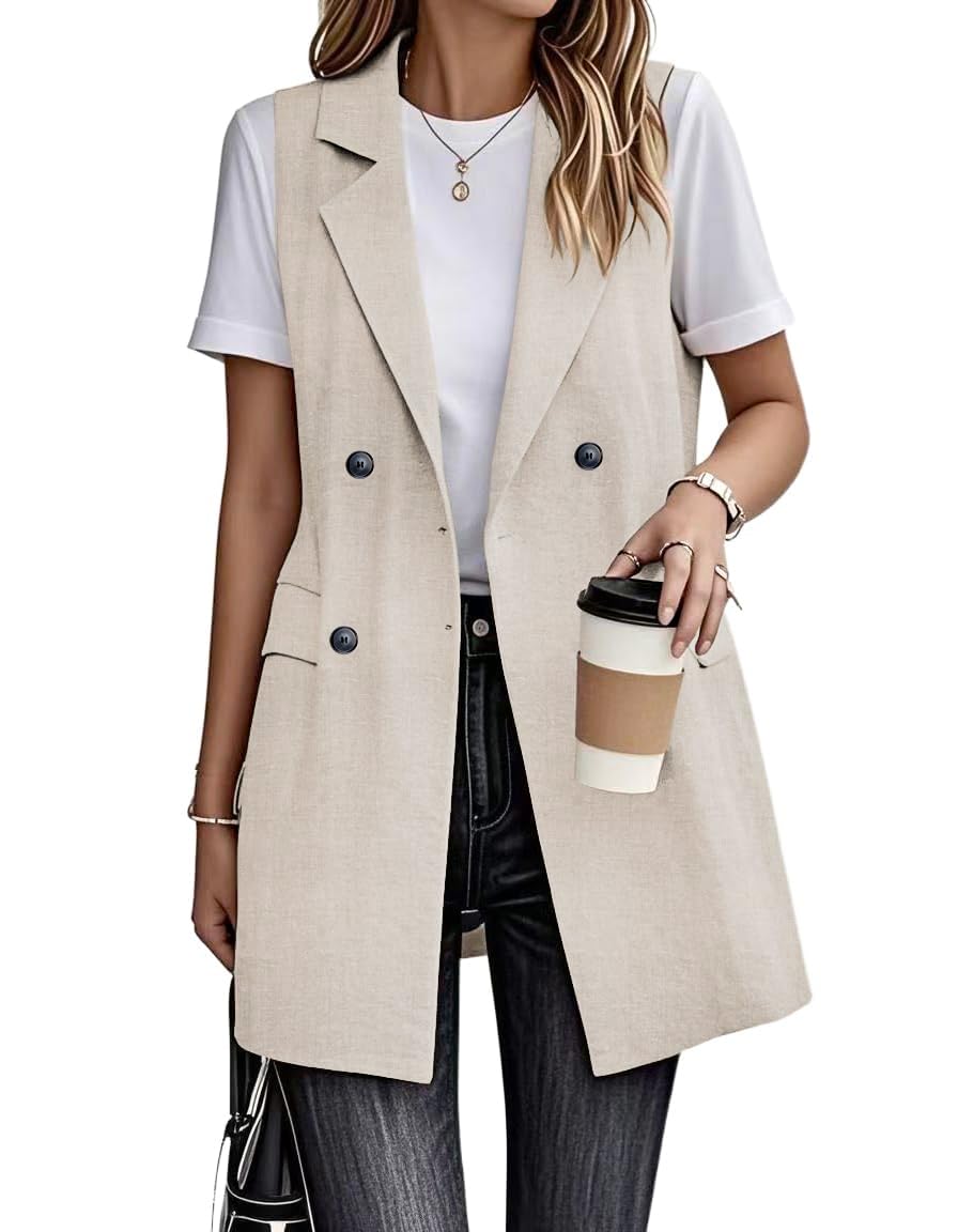 idealsanxun Womens Long Linen Vest Dressy Sleeveless Blazer Jackets Outerwear Tops-picture-35