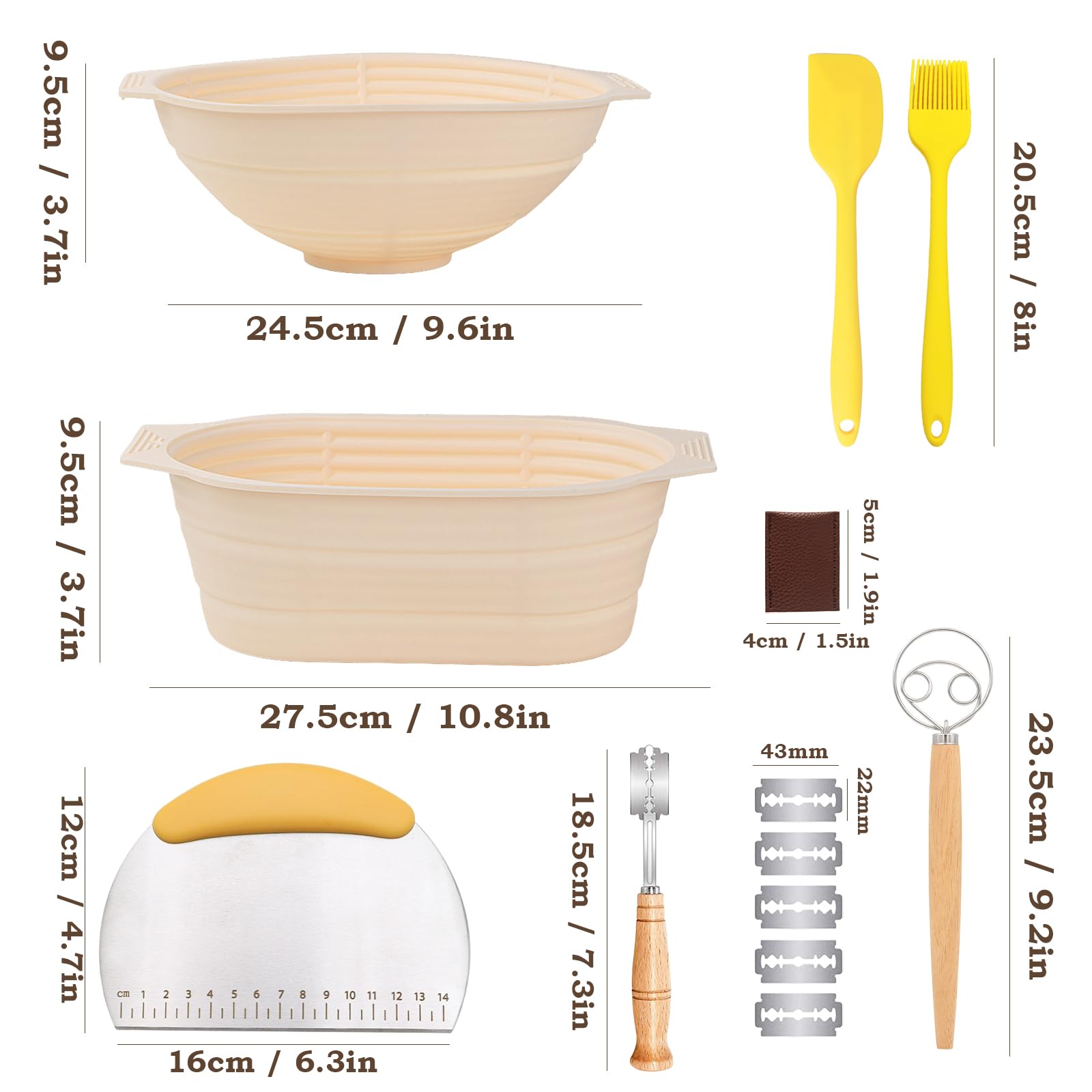 Banneton per Kit Pane, Cestino da Lievitazione Rotondo e Ovale, Cestino per La Fermentazione con Tela di Lino, Raschietto Pasta, e Lame Taglierina Pane, Accessori per La Cottura