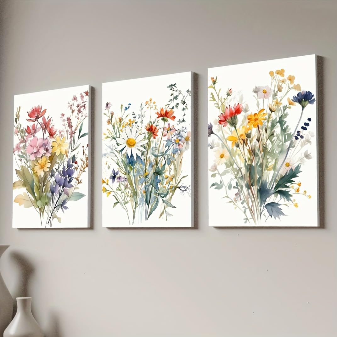 GLWDME 3 sztuki 30 x 40 cm akwarela dziki kwiat płótno sztuka ścienna, obrazy na płótnie, plakaty i wydruki, obraz ścienny do salonu, sypialni, jadalni, biura (z ramą wewnętrzną)
