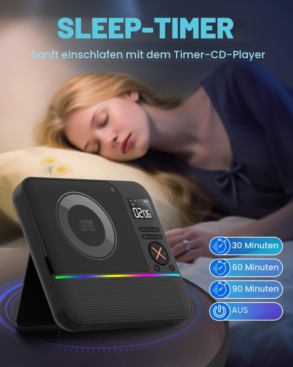 Tragbarer CD Player Bluetooth, Boombox Desktop CD-Player mit Bluetooth FM-Radio und RGB LED-Anzeige Integrierte Dual-Lautsprecher Unterstützt USB/AUX für Hause Camping Tragbare CD-Players