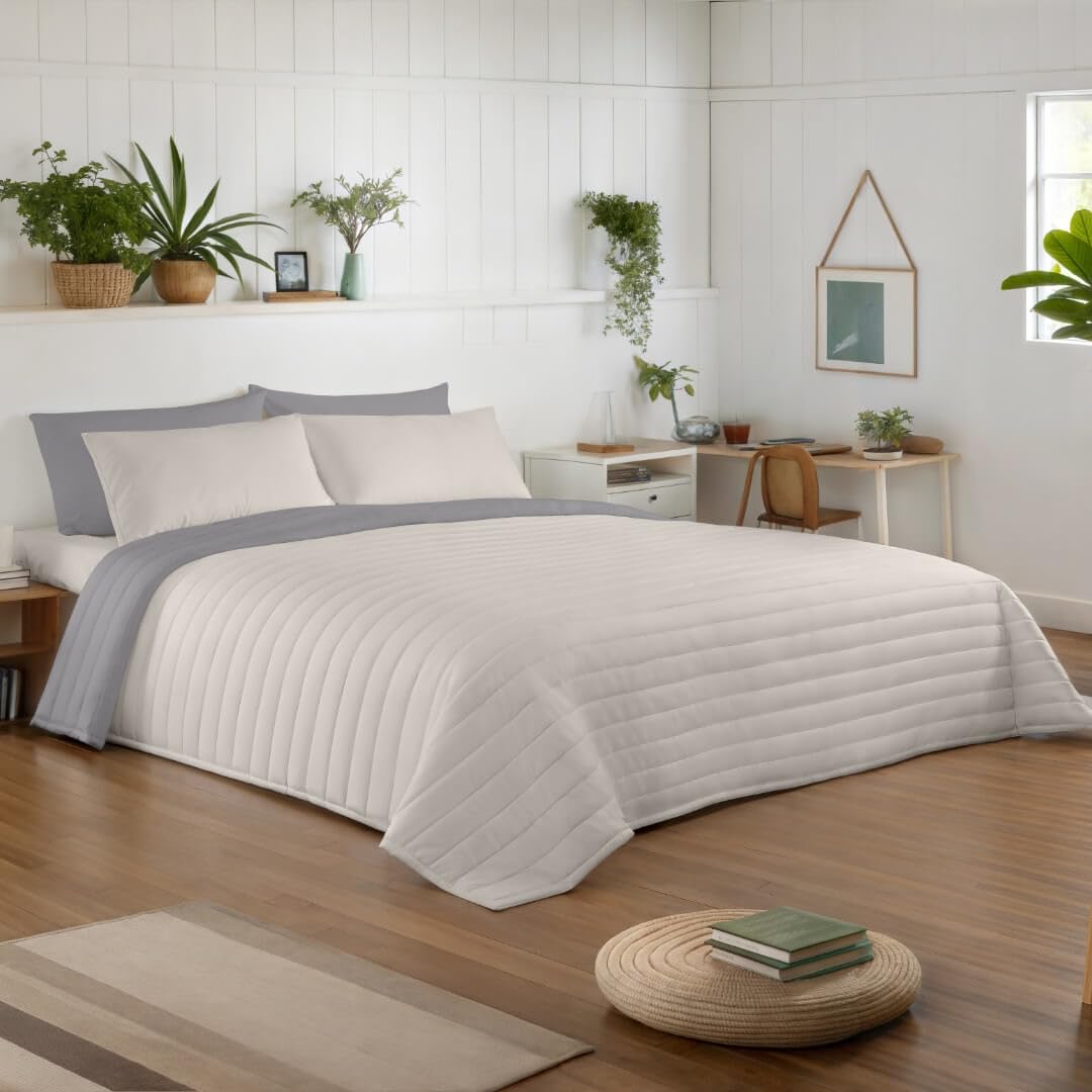 NATURALS - Colcha Bouti Reversible Bicolor | Cama 180 (270x260 cm) | Microfibra Extrasuave | Cubrecama Acolchado a Líneas | Ideal Primavera y Verano | Gris/Piedra