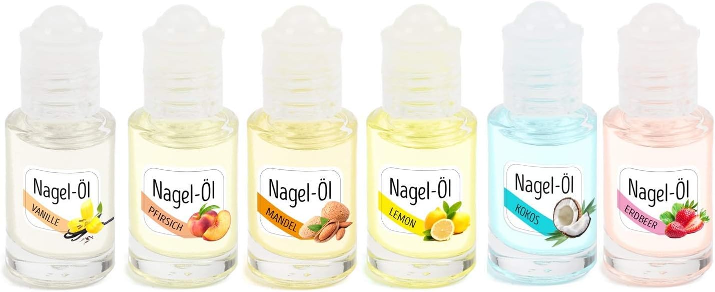 KM-Nails Set of 6 super scented nail oil, 5ml each in iroll against drying out after disinfectant use