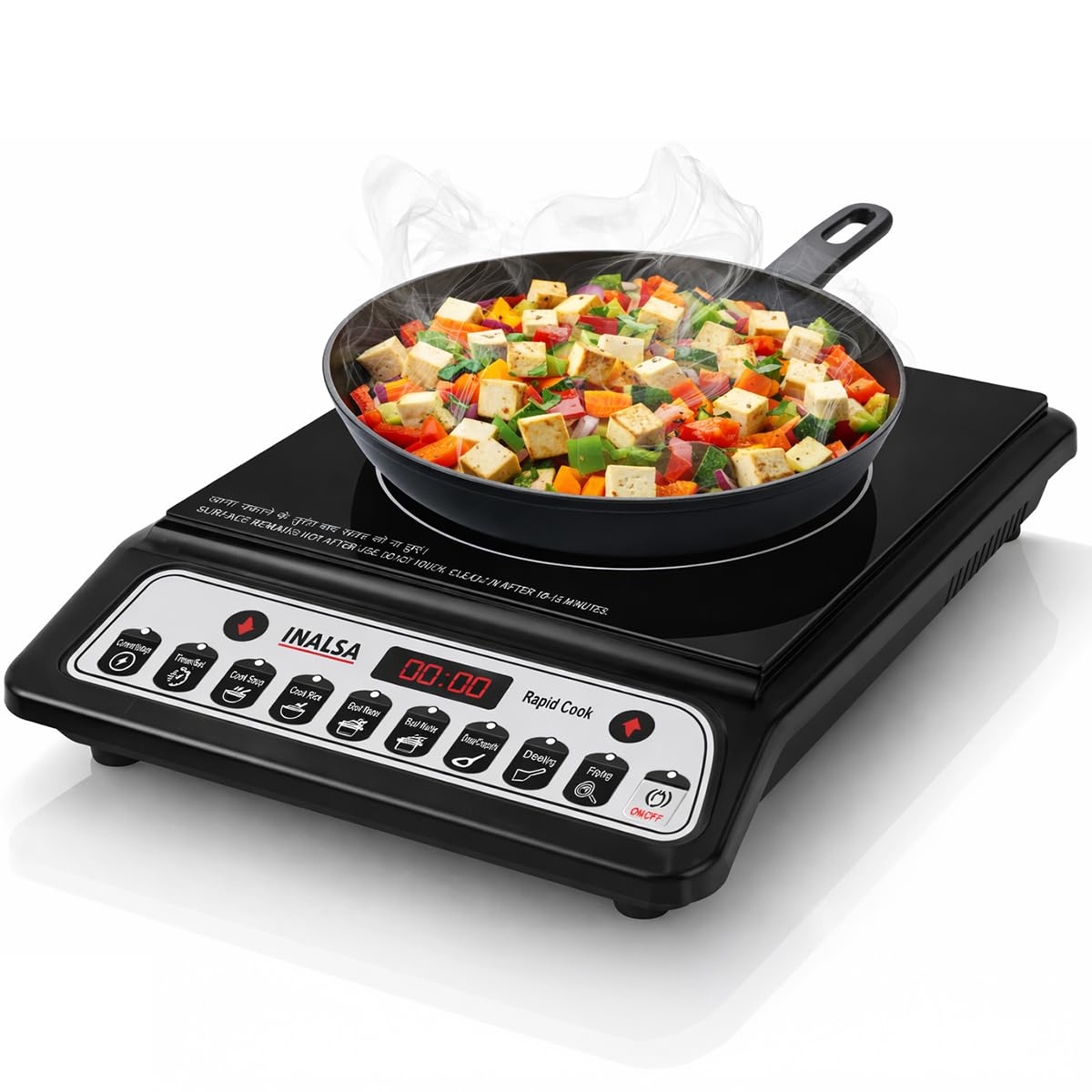 INALSA Rapid Cook 1600W Induction Cooktop with features like fast heating, even heat distribution, energy efficiency, and time saving.