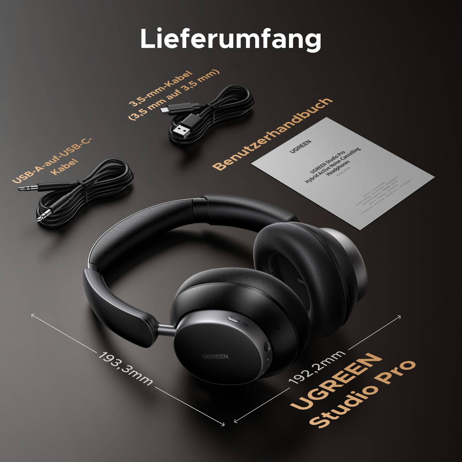 UGREEN Studio Pro kopfhörer Kabellos Bluetooth Over Ear mit Hybrid Adaptive Active Noise Cancelling, Bluetooth 6.0, Hi-Res Dual, LDAC, 120h Spielzeit, Spatial Audio, EQ in App, Duale Verbindung