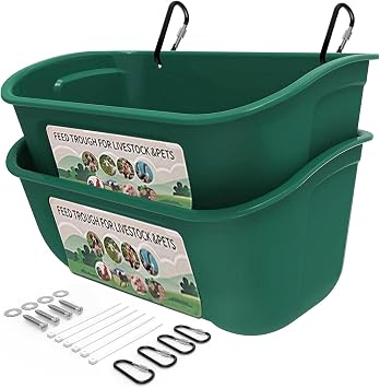 2 Pack Hanging Fence Feed Trough,Versatile Feeding Container with Clips for Chicken Goat Duck Sheep Piglets Horse Deer Goose 5 Quart Poultry Livestock Feeder Green