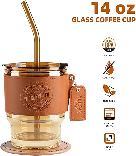 Miniatura 2 de Vaso de vidrio de 14 onzas con popote, tapa y posavasos, taza de café vintage, taza de té, jugo y vaso para agua con funda