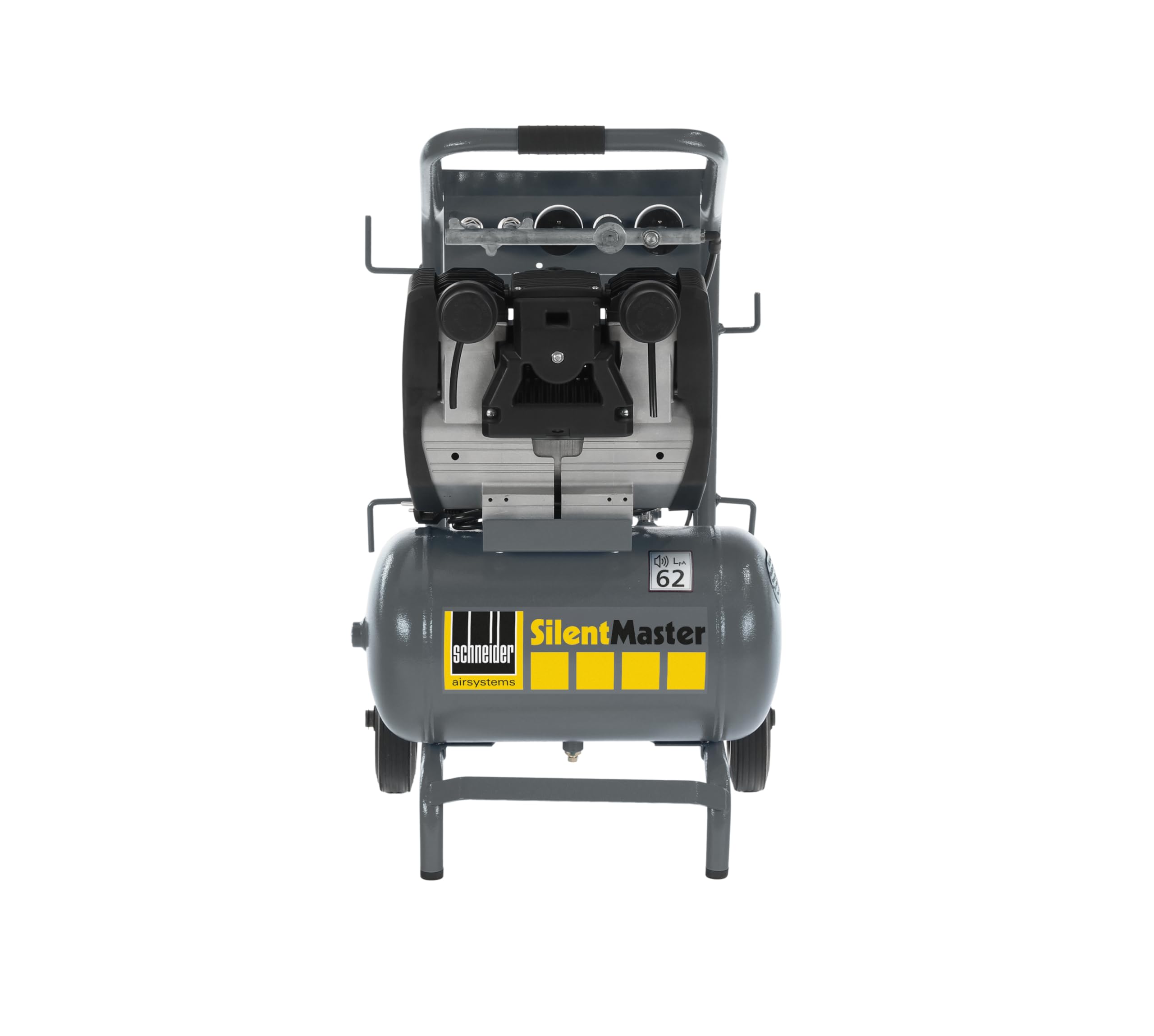 SCHNEIDER SILENTMASTER Leicht zu transportierender Luftkompressor 20 Liter Ölfrei Maximaler Druck 9 Bar Leistung: 2 PS Geräuschpegel: 62 dB LwA