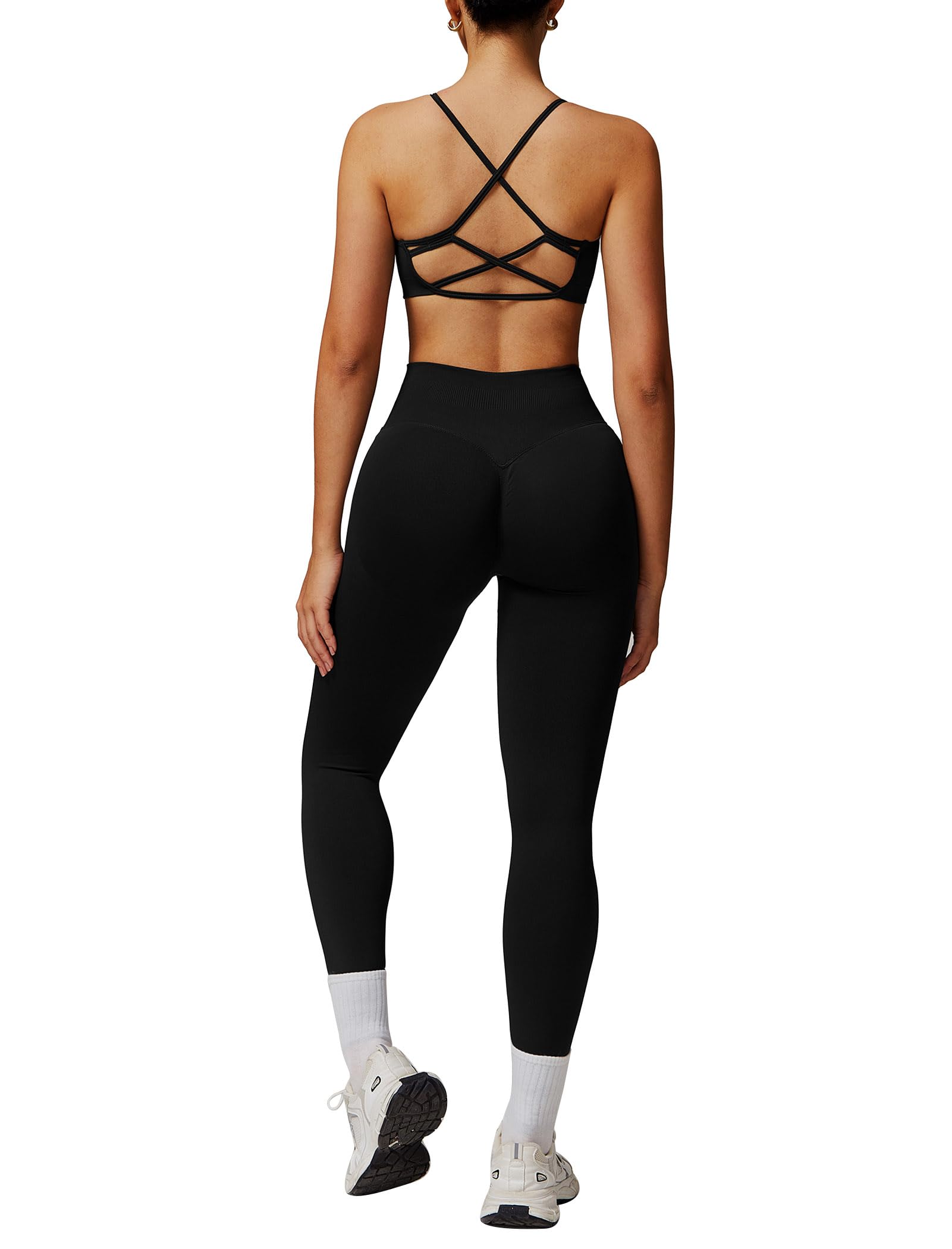Photo 1 of ABOCIW Workout Sets for Women 2 Piece Seamless Backless Strappy Sports Bra Scrunch Butt Lifting High Waist Leggings Gym Set Work Out Clothes Black Small