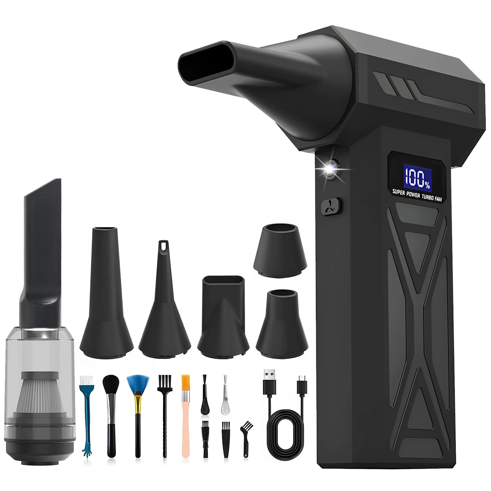 SJACXANM Krachtige luchtblazer met ledlicht, 2-in-1, krachtig, 4 snelheden, 150.000 omw/min, met digitaal display, voor het reinigen van pc, laptop, bank, auto
