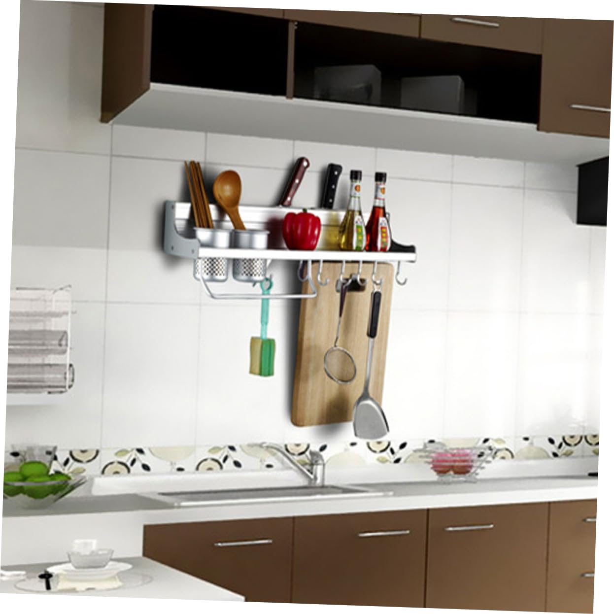 Especiero de Pared de Aluminio Espacial 8 Ganchos, 2 Vasos y 4 Ranuras