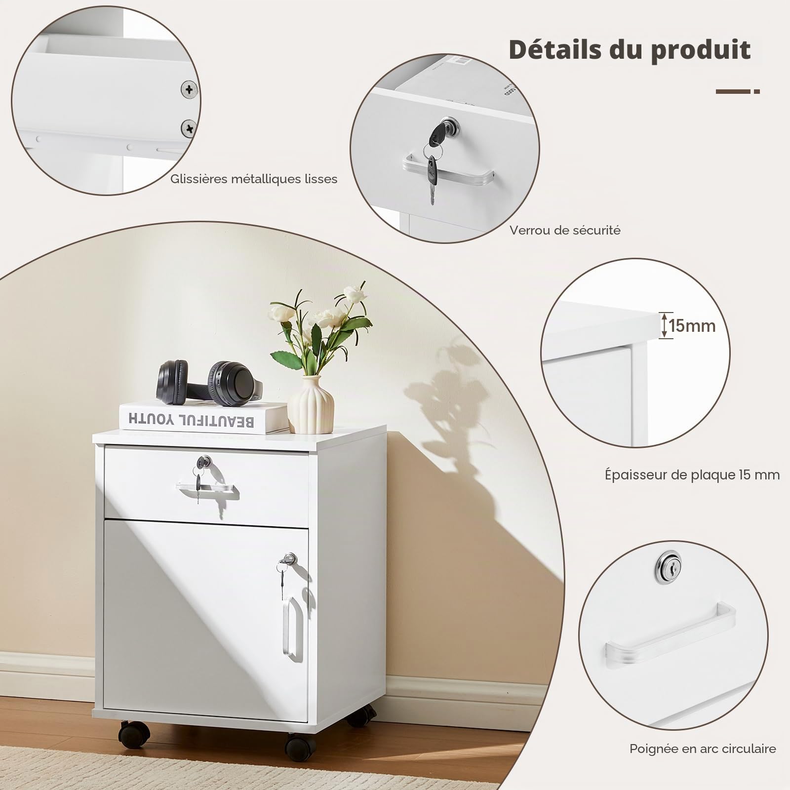 TUKAILAi Caisson de Bureau à roulettes, Meuble de Bureau à 2 tiroirs verrouillable, Caisson de Rangement Mobile, avec roulettes, pour Documents légaux Format A4 (Blanc)