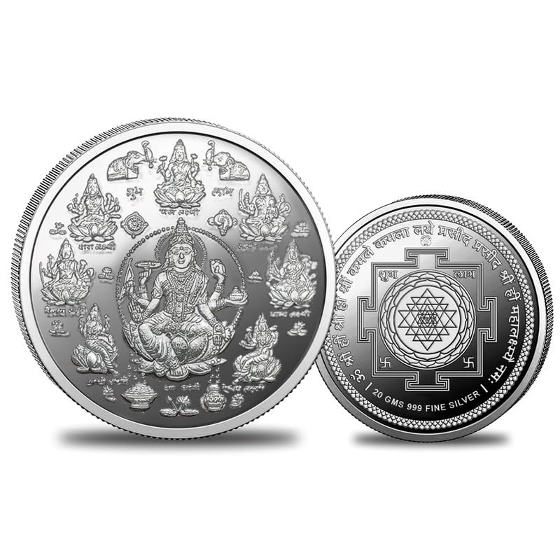 Silviya BIS Hallmarked Ashta Lakshmi Yantra 999 Pure Silver Coin (10g, 20g) Round Shape: Prosperity & Abundance - Puja Gift - Diwali Blessing - for Wealth and Success