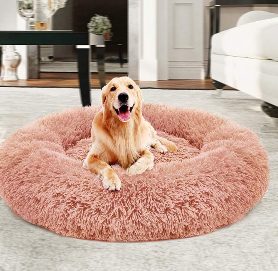 Yuly Warm Extra Large Donut Dog Bed, Calming for Large Dogs, Faux Fur Washable Pet Bed, Self-Warming Round Plush for Medium to Large Breeds (100cm Pink)