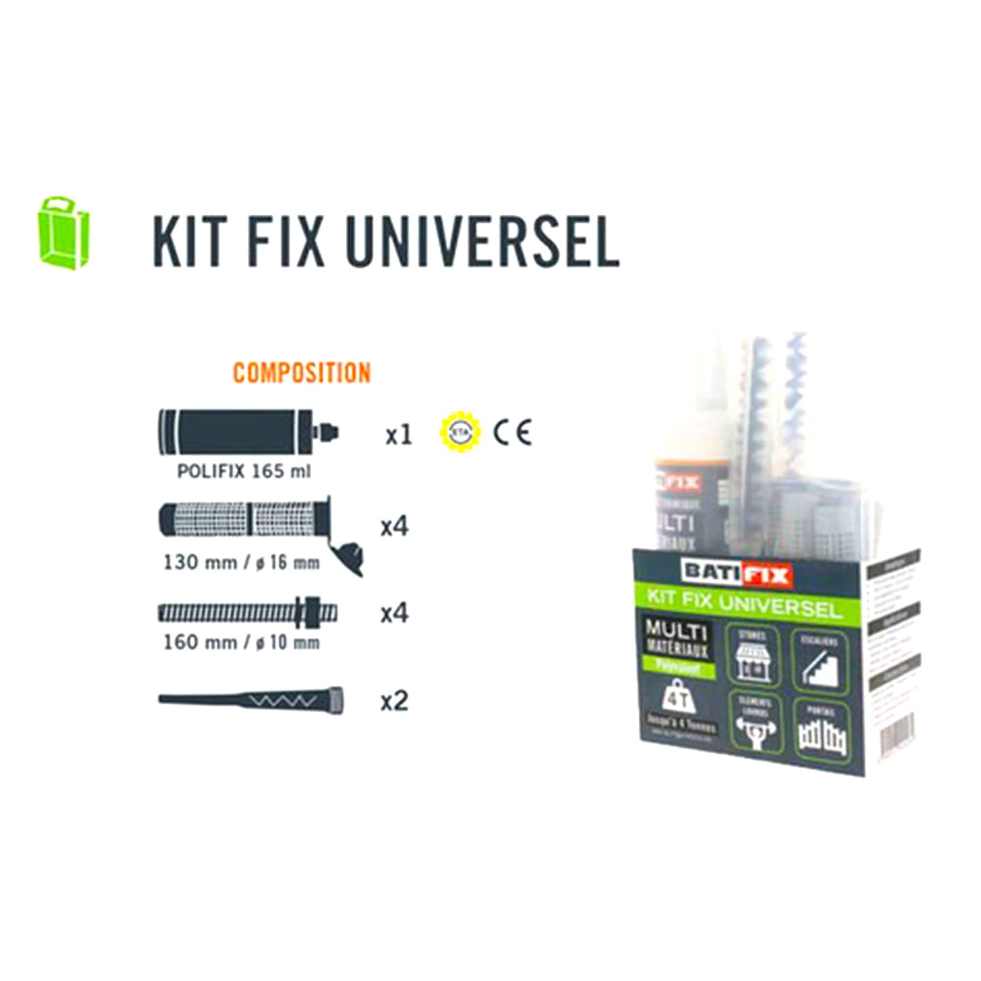 Kit scellement chimique Kitchim Universel Pl 165Ml - 4Tam 16X130-4 Tig 10X160-4 Ecr - 4 Rond - 2 Can