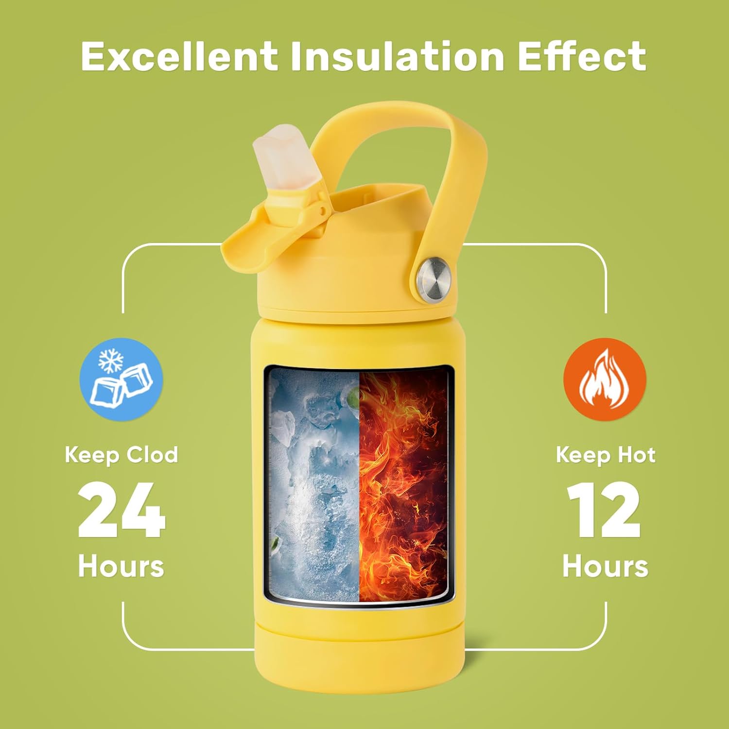 12 oz Water Bottle, Kids Water Bottles for School, Toddler Cup with Straw & Handle, 304 Stainless Steel Insulated Water Bottle, Non-slip Silicone Base, BPA Free, Yellow - Image 5