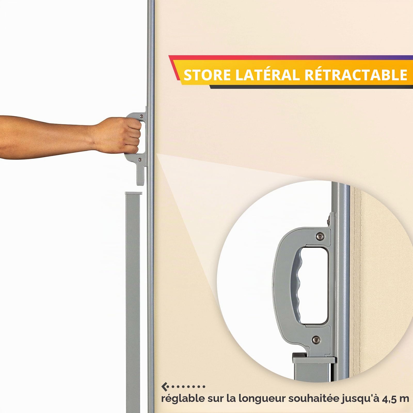 Floordirekt Store latéral en aluminium, 180 x 450 cm, beige, extensible, brise-vue et protection solaire, pour balcon et terrasse, polyester 280 g/m² (PU), protection UV UPF50+, avec support au sol