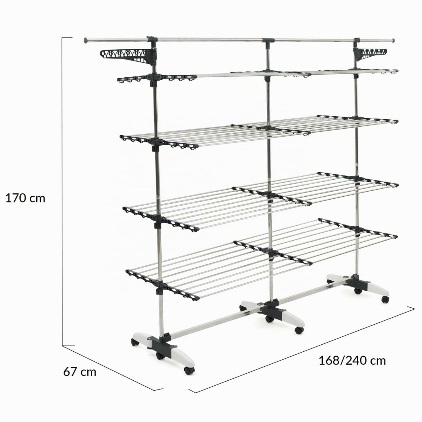 IDMarket - 60 M SUPRA XXL grigio/bianco Asciugatrice a 4 livelli + barra telescopica