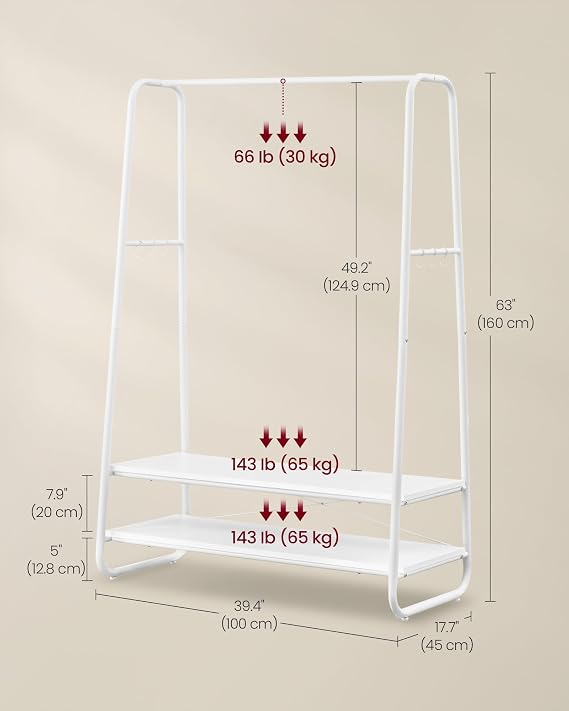 VASAGLE Clothes Rail, Clothes Rack with 2 Shelves, 6 S-Shaped Hooks, Steel Frame, for Bedroom, Cloud White and Matte White RGR112W02