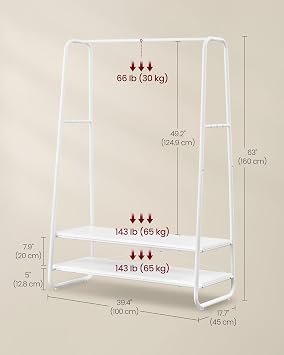 VASAGLE Clothes Rail, Clothes Rack with 2 Shelves, 6 S-Shaped Hooks, Steel Frame, for Bedroom, Cloud White and Matte White RGR112W02