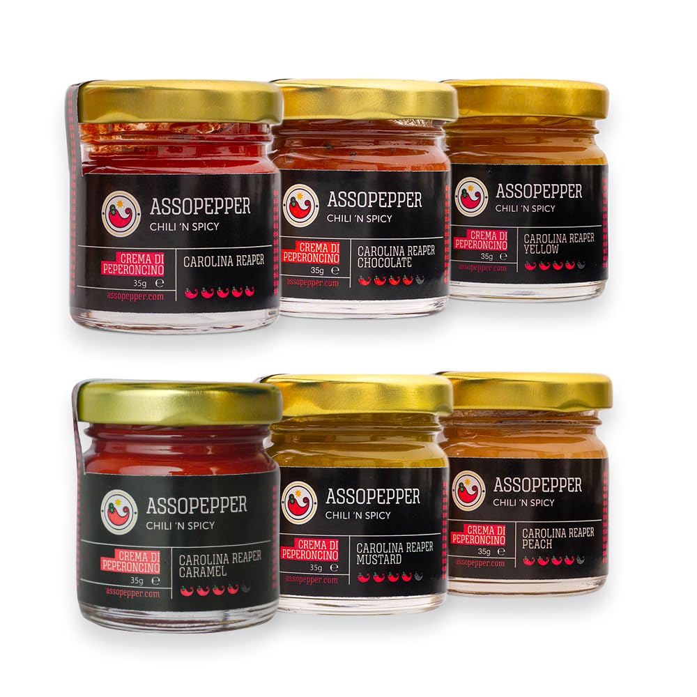 SIX PACK DI CREME DI PEPERONCINO CAROLINA REAPER RED YELLOW CHOCOLATE CARAMEL PEACH E MUSTARD DA 35gr PEPERONCINO AL 99,9%
