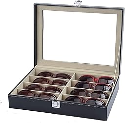 KingSaid Caja Organizadora de Gafas con Tapa de Cristal y Cajones – Estuche Expositor de Gafas de Sol y Joyas, Cuero Sintético Premium, Gran Capacidad, para Hombre y Mujer (Una planta)