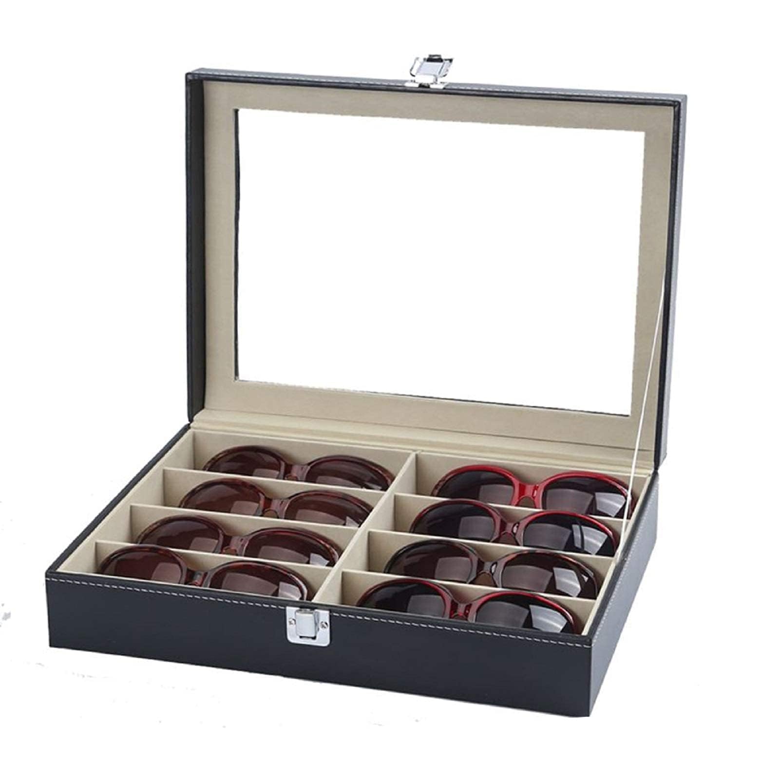 KingSaid Caja Organizadora de Gafas con Tapa de Cristal y Cajones – Estuche Expositor de Gafas de Sol y Joyas, Cuero Sintético Premium, Gran Capacidad, para Hombre y Mujer (Una planta) - 2
