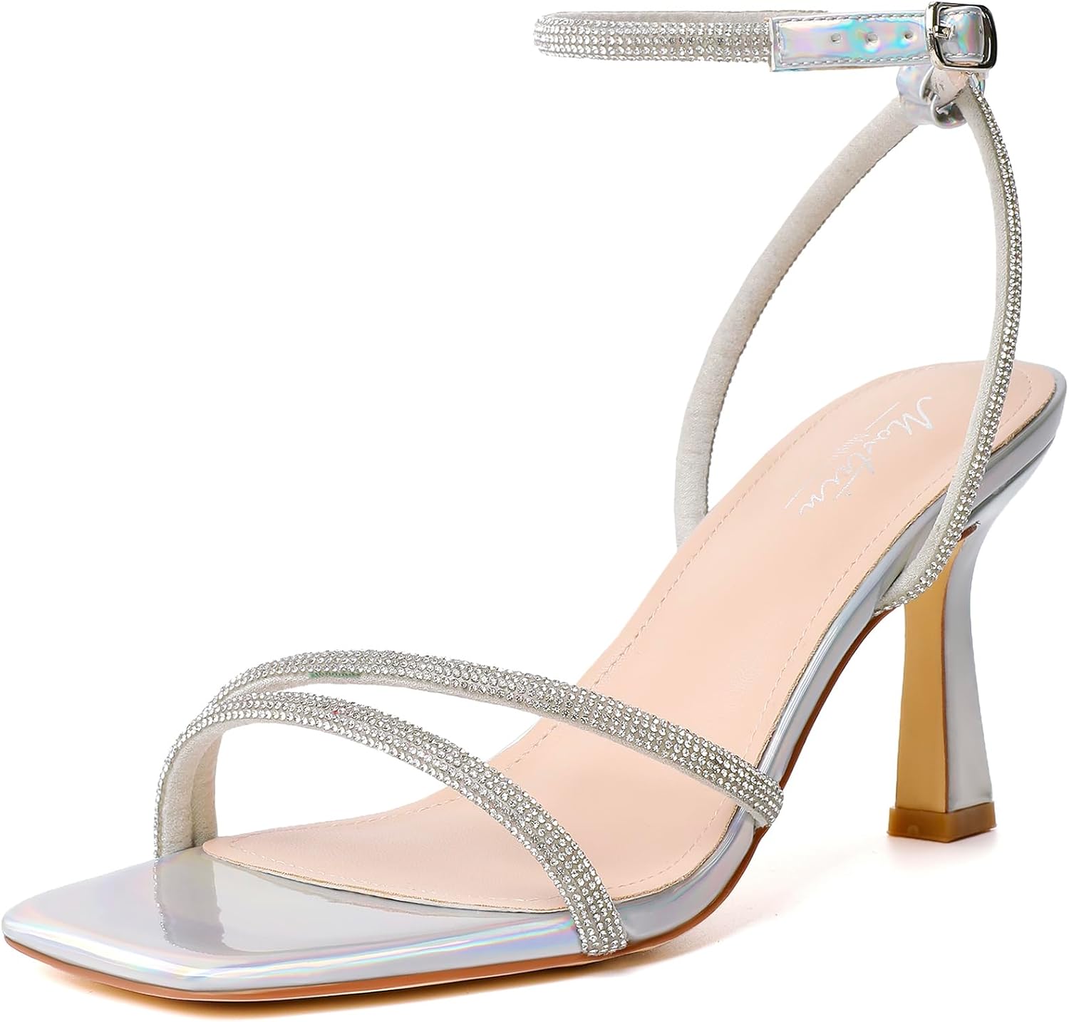 Mostrin Womens Sandals Strappy Heels for Women Ankle Strap Lace Up Square Open Toe Heels Tie Up Stiletto High Heeled Sandals for Prom, Party, Daily Wear 8 Lh07-sparkling Silver