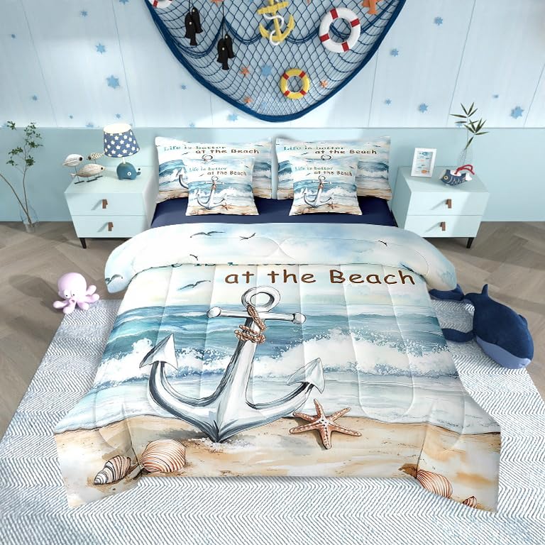 Nautical Anchor Comforter Set 7 Pieces,Ocean Sea Wave Bed Set for Boys Kids,Coastal Sea Star Shell Bedding Bed in a Bag,Queen (1 Comforter,2