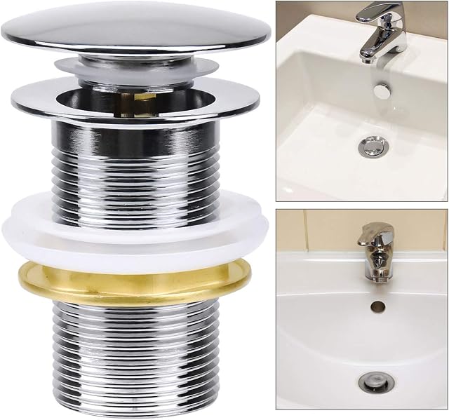 Universal Basin Sink Waste Pop up Drain Valve Set Click Sprung Plug Push Button Drainer Chrome Plated with Overflows for Bathroom Washbasin Sink Basin Seals