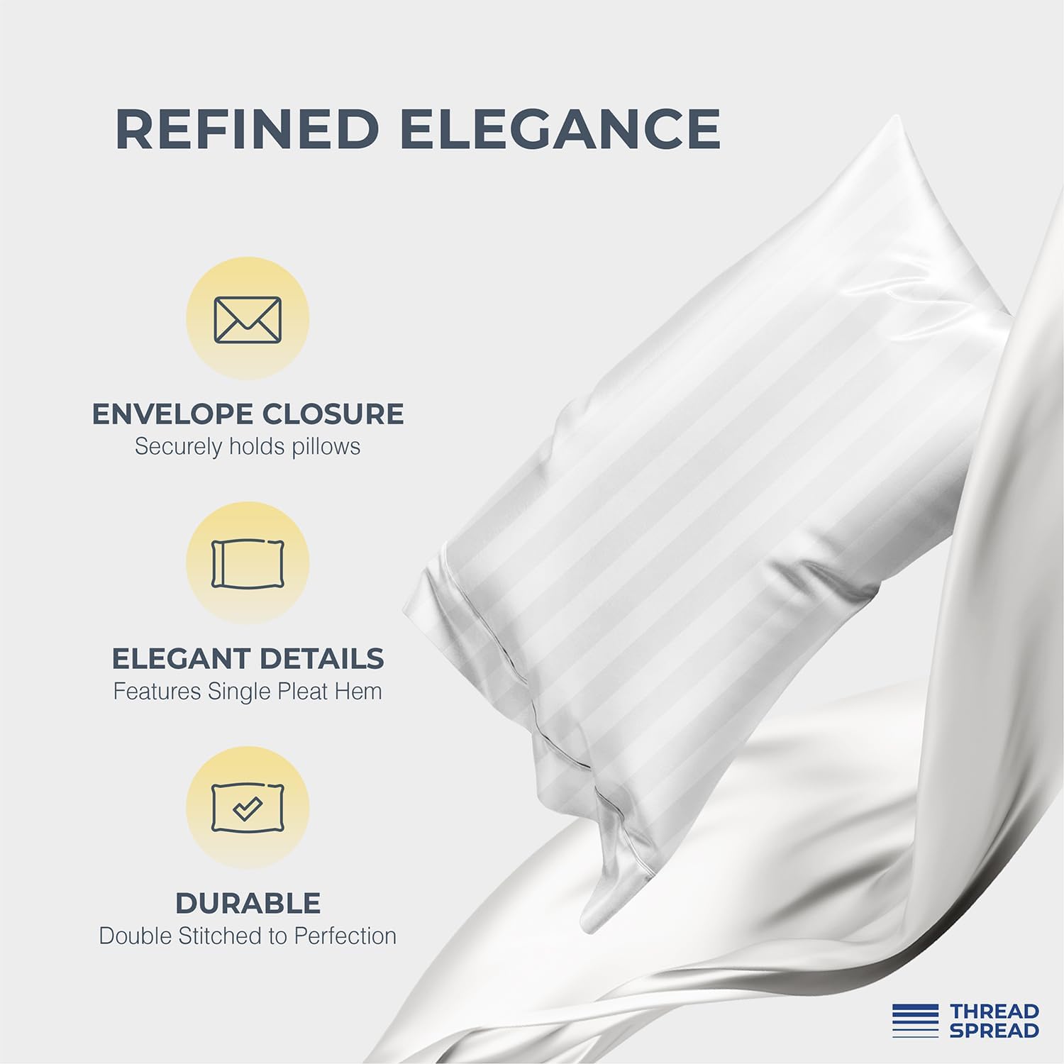 Thread Spread 100% Egyptian Cotton Pillow Cases Standard/Queen Size Set of 2 - Luxury 1500 Thread Count Sateen White Stripe Pillow Cases, Soft Cotton Pillowcases Fits Standard & Queen Pillows - Image 4