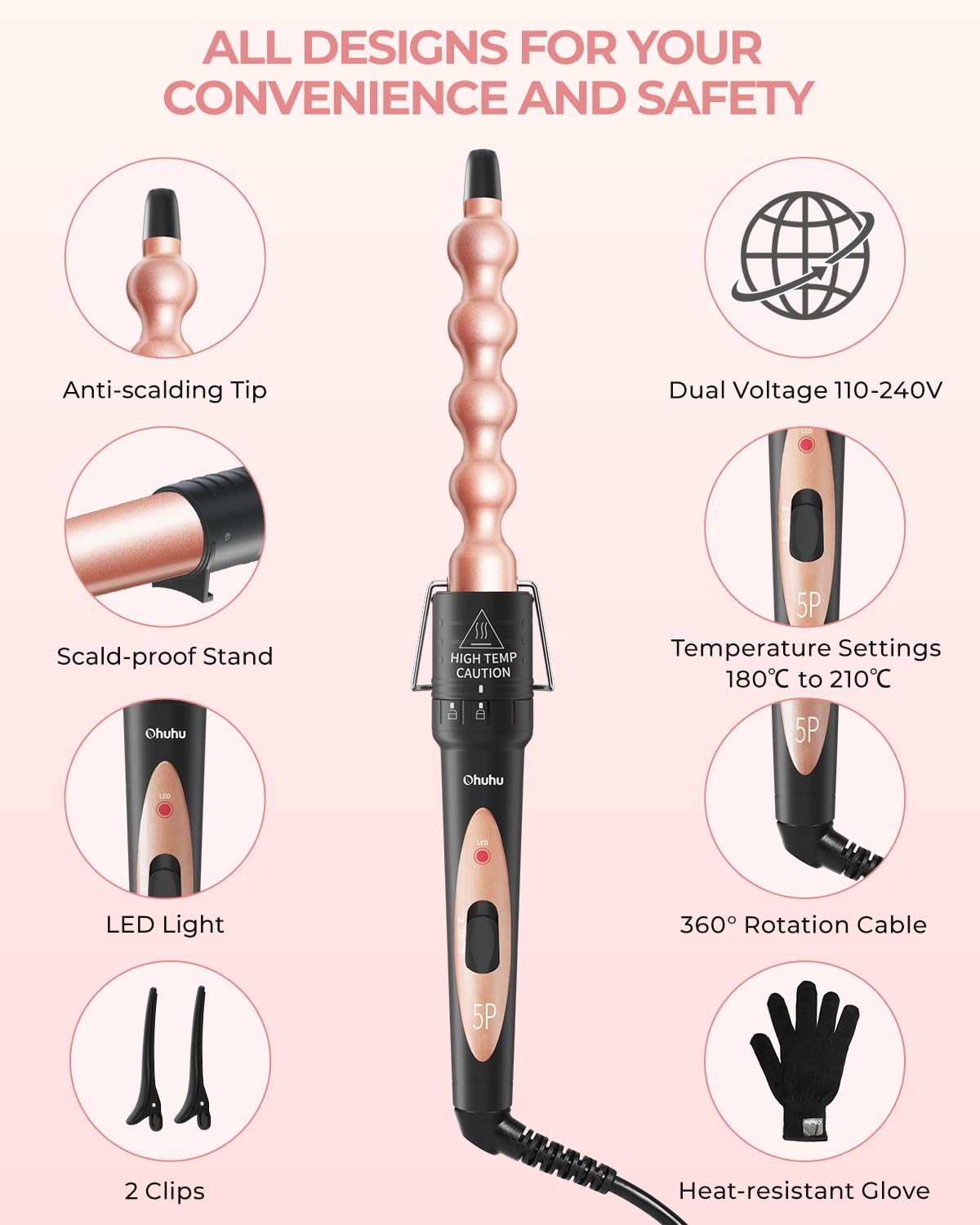 Rizador Pelo 5 en 1, Ohuhu Tenacillas De Pelo Profesional con Barril Cerámico Intercambiable y Guante Protector Para Todo Tipo de Cabello, Calentamiento Instantáneo y Temperatura Ajustable
