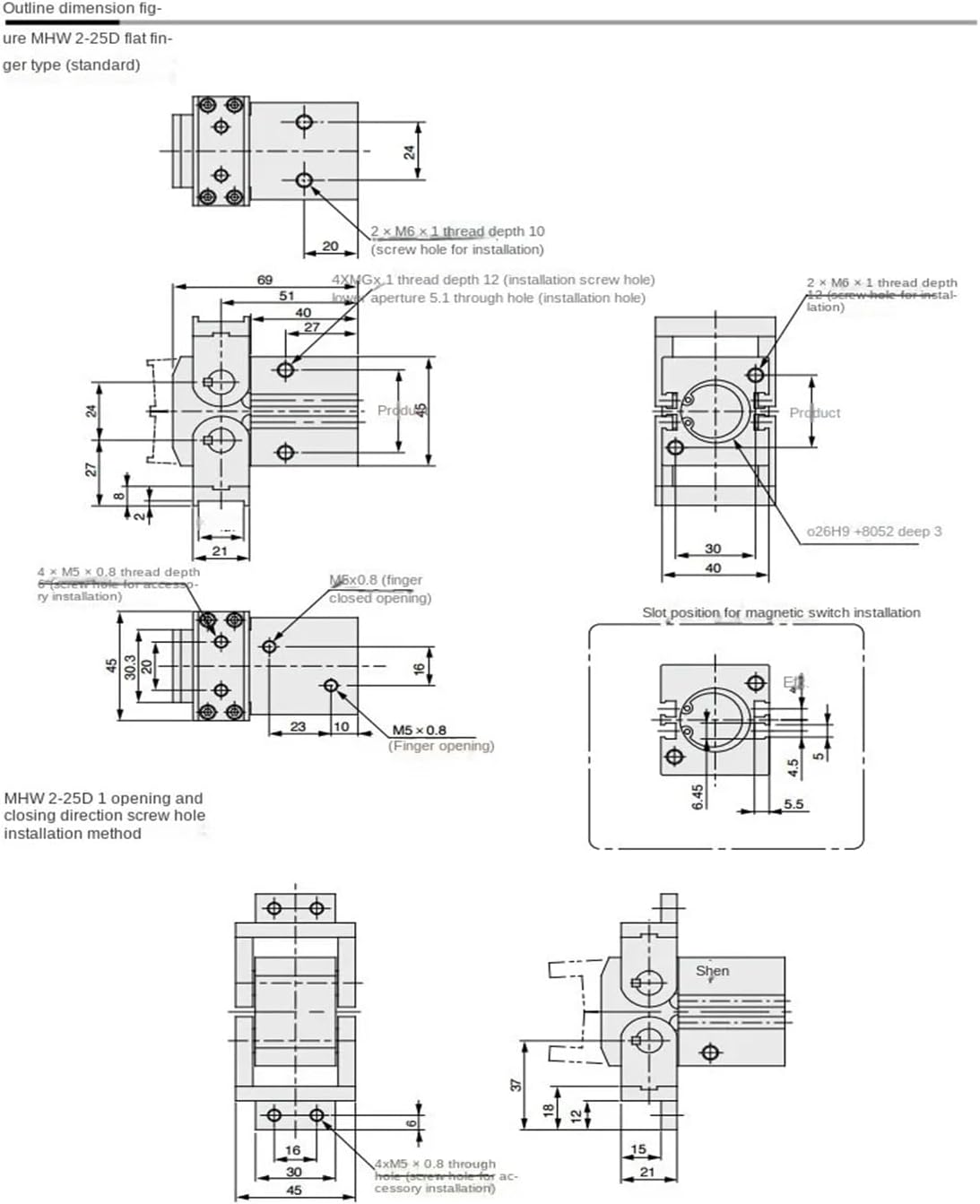 Gripper 180° Angular Type Rack Pinion Type CylinderMHW2-20D/D1 MHW2-25D/D1 MHW2-25D MHW2-32D/D1 MHW2-40D/D1 MHW2-50D(MHW2-20D)