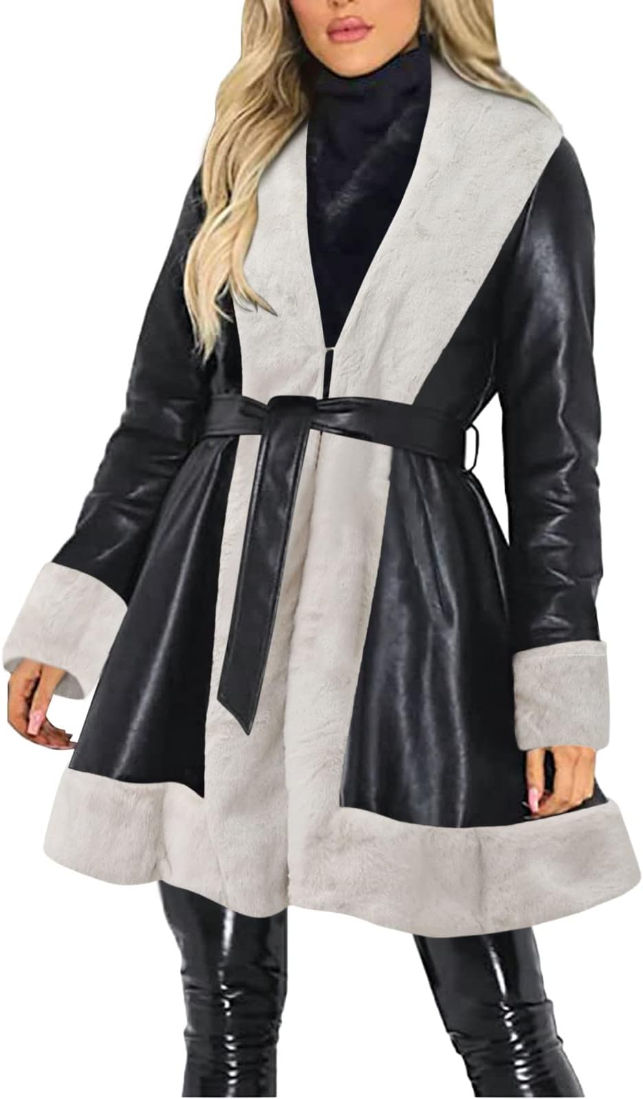 HHMYWomen's Long Winter Coat - Faux Leather Coat Women's with Fur Shawl Collar Belt Jacket Coat with Faux Fur Long Coat Parka Outwear Trench Coat Made of Imitation Leather, S - 5XL