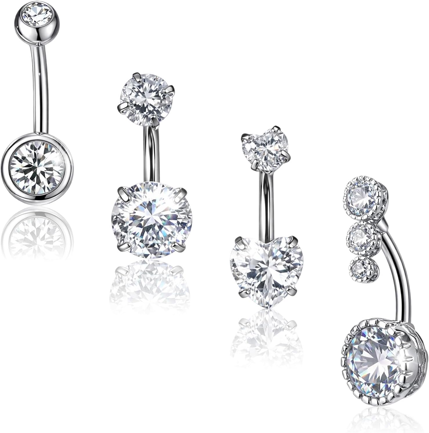 Tucnoeu 4pcs Belly Piercing Jewelry, 14G Stainless Steel Silver Belly Button Rings, Navel Piercing Jewelry Cz Belly Piercings Cute Heart Belly Button Ring for Beach Festival Daily