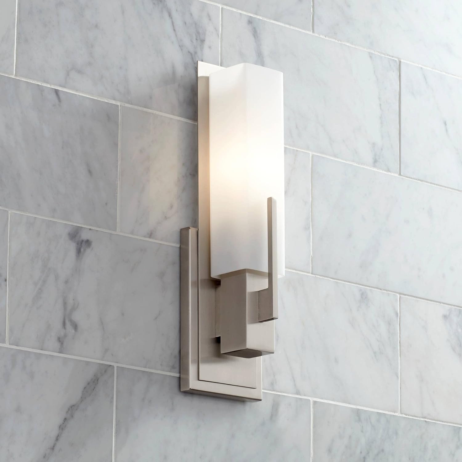 Possini Euro Design Midtown Modern Wall Light Sconces Set of 2 Satin Nickel Metal Hardwired 4 1/2" Fixture White Glass Rectangular Shade for Bedroom Bathroom Vanity Living Room Home Hallway Dining