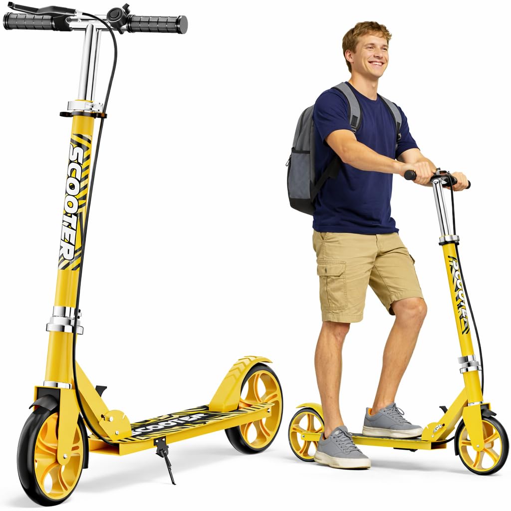 fanado Scooter for Kids Ages 8-12, Teens & Adults - Lightweight, Foldable, 200mm Big Wheels, Hand Brake & Bell, 4 Adjustable Height Levels, Perfect for School, Campus and Park Rides (Yellow - New)