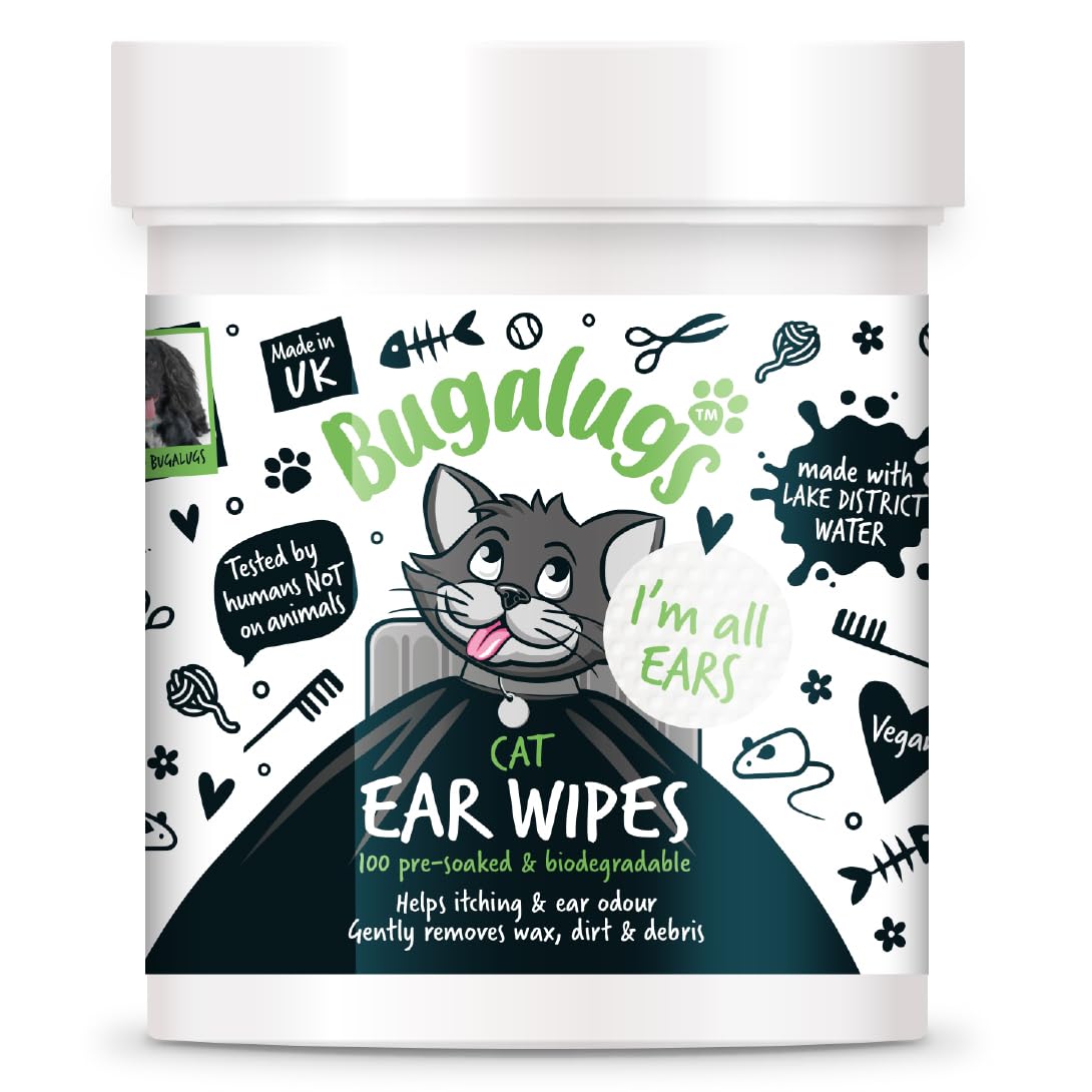 BUGALUGS - Toallitas Calmantes para Limpieza de Oídos de Gatos - 100 Unidades - Aloe Vera & Hamamelis - Control de Cera - Higiene Auricular - Alivio de Picor - Uso Diario - Fórmula Natural y Suave