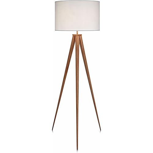 Teamson Home 61.81 in. Postmodern Tripod Floor Lamp with Foot Switch, Minimalist Lighting Option for Ambient, Accent, or Reading, Faux Natural Wood Grain Finish and White Drum Shade