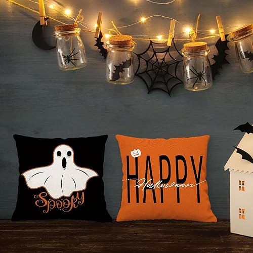 Miniatura 3 de Juego de 4 fundas de almohada de 16 x 16 pulgadas con texto en inglés Happy Halloween con texto en inglés Truco o trato con diseño de calabaza