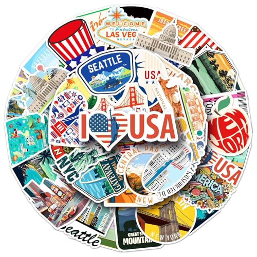 CXNXFD Lot de 50 autocollants de voyage américain, en vinyle, imperméables, pour scrapbooking, journaux, albums photo, ordinateur portable