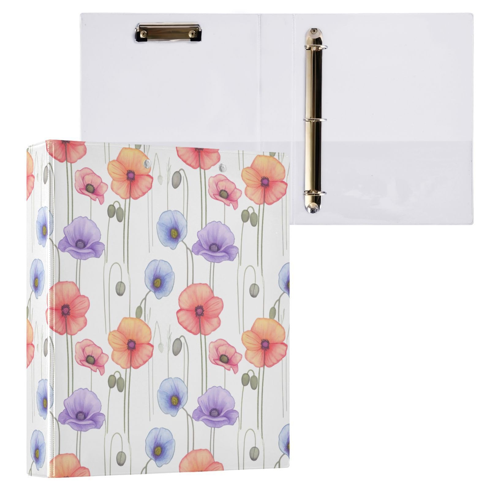 Lot de 2 classeurs décoratifs à 3 anneaux en forme de coquelicot orange pastel de 3,8 cm, avec poches, pour école, collège ou bureau