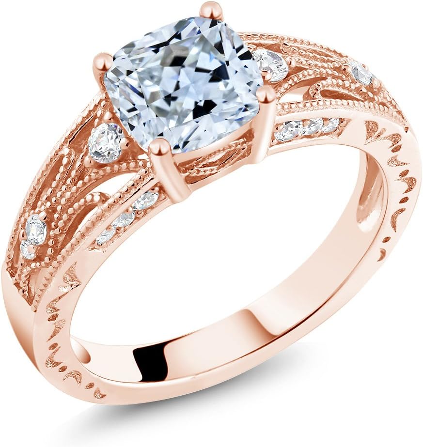 Gem Stone King 2.12 Cttw Cubic Zirconia Wedding Engagement Anniversary Promise Ring For Women | 18K Rose Gold Plated Silver | 7MM Cushion Cut | Wedding Anniversary Promise Ring For Women