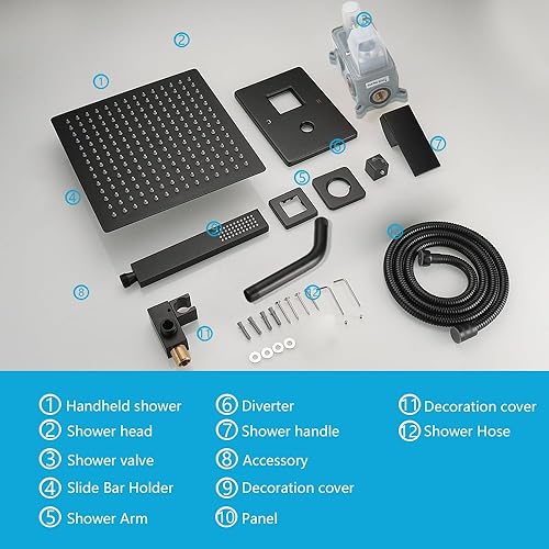 Miniatura 7 de Juego de grifo de ducha, sistema de ducha de lluvia, color negro mate con cabezal de ducha de alta presión de 8 pulgadas, cabezal de ducha cuadrado