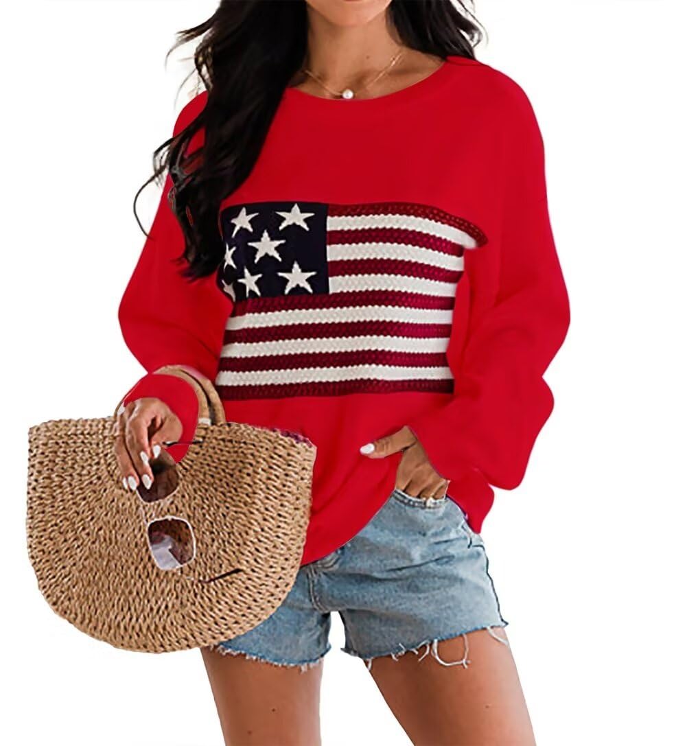 Dressmine Womens American Flag Sweater Knit Long Sleeve Crew Neck Graphic Elegant Soft Loose Pullover