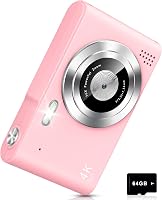 Aycy Kids Digital Camera 4K UHD 48MP Point & Shoot with 64GB Card, 16X Zoom, Anti-Shake - Pink Compact Gift for Boys Girls